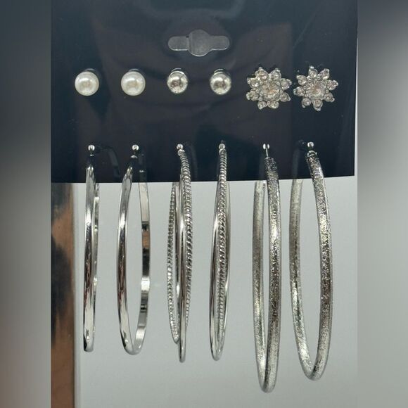 Variety 6 Pair Silver Tone Multi Stud And Hoop Earrings 1.75 - 2.5 inch - Picture 2 of 5